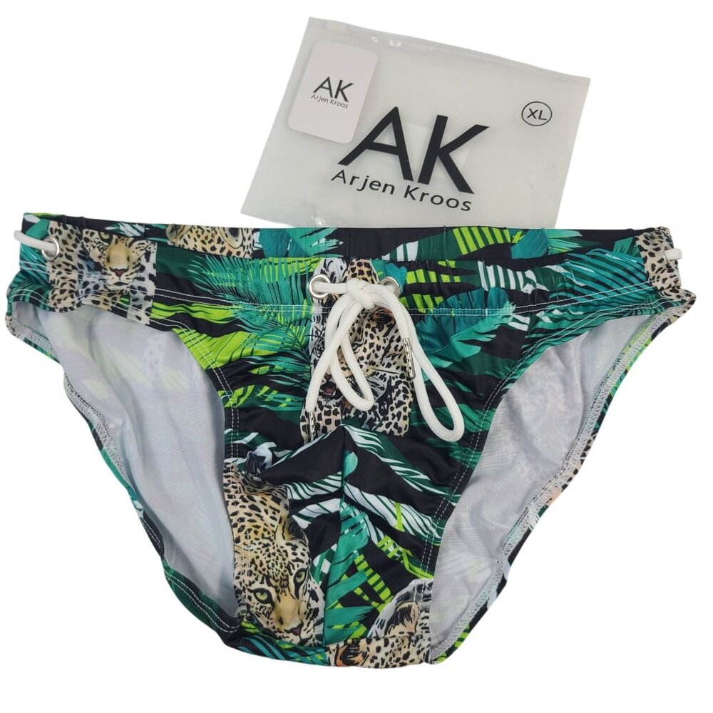 NWT Arjen Kroos Men's Swim Briefs With Leopard & Tropical Print Sz XL